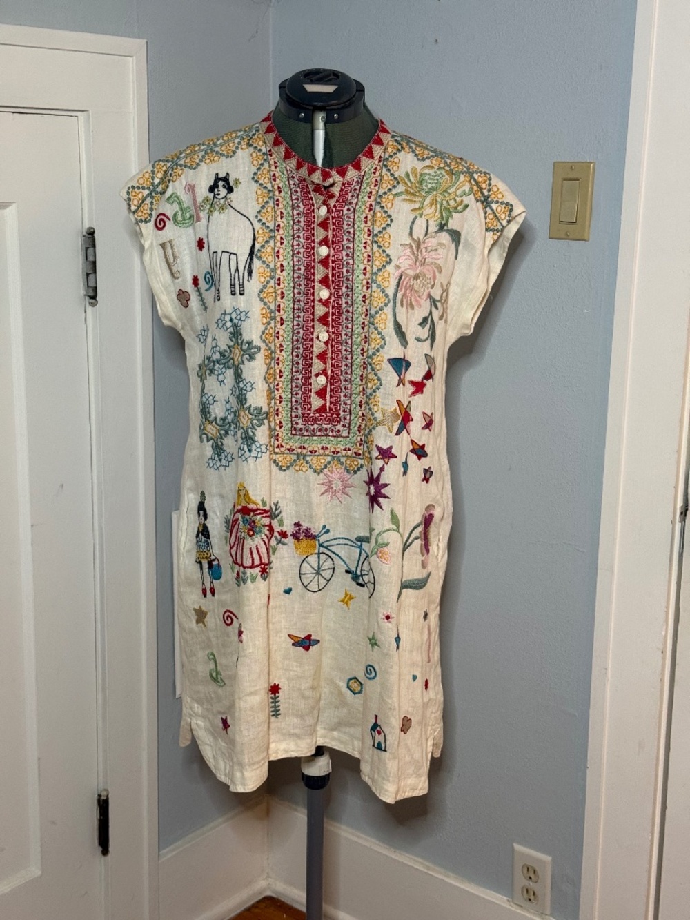 Johnny Was Mishti Tunic Dress Small White Ramie Embroidered Boho